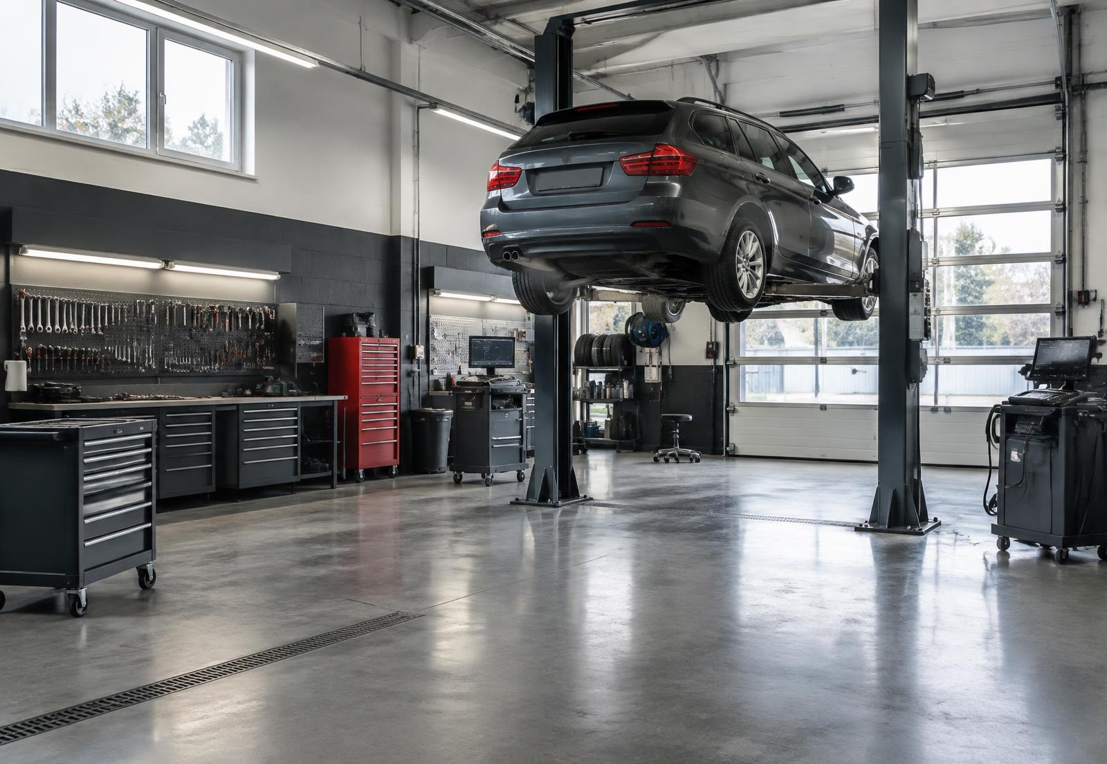 Professionelle Werkstatt mit Fahrzeug auf Hebebühne